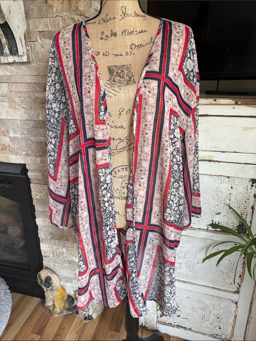 Maurices boho festival kimono wrap navy red and pink floral